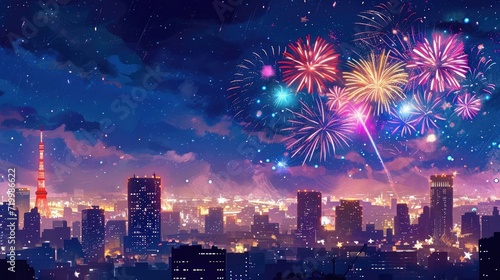 Happy New Year fireworks over the city, lighting up the night sky, Ai Generated © Crazy Juke