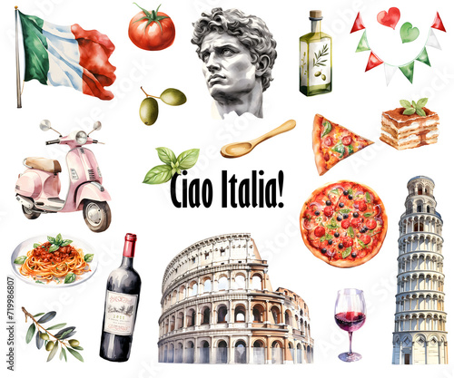 Watercolor Italy symbols. Italy travel icons. Italian element, food cultural symbol. Travel to Italy