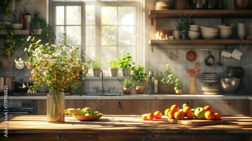 A rustic kitchen bathed in natural light, showcasing a wooden dining table set with fresh fruits and a vase of flowers. © AI ARTS