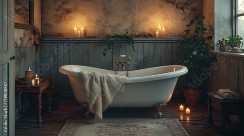 A serene bathroom retreat with a clawfoot bathtub, scented candles, and a plush towel hanging on a vintage-inspired rack.