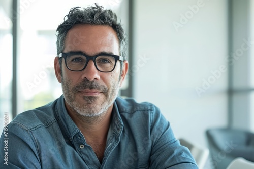 man with glasses in the office in bright light, in the style of light gray and teal, transfer, solid and structured, tabletop photography, spanish school, white background, light gray and navy photo