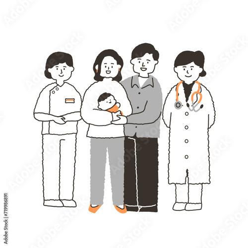 赤ちゃんを抱く若い男女と医者（女性）と看護師