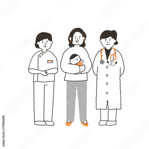 赤ちゃんを抱く若い女性と医者（女性）と看護師
