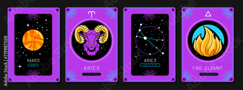 Set of fluorescent cartoon magic witchcraft cards with astrology Aries zodiac sign characteristic. Vector illustration