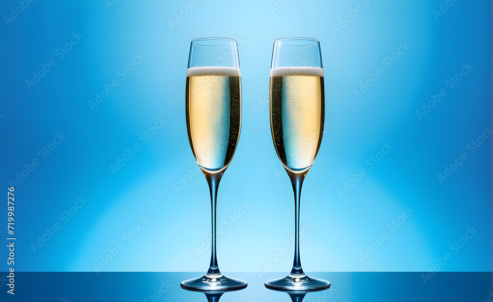 Two champagne glasses on a simple soft blue background, Valentine's Day, Christmas. Generative AI Two champagne glasses on a simple soft blue background, Valentine's Day, Christmas. Generative AI