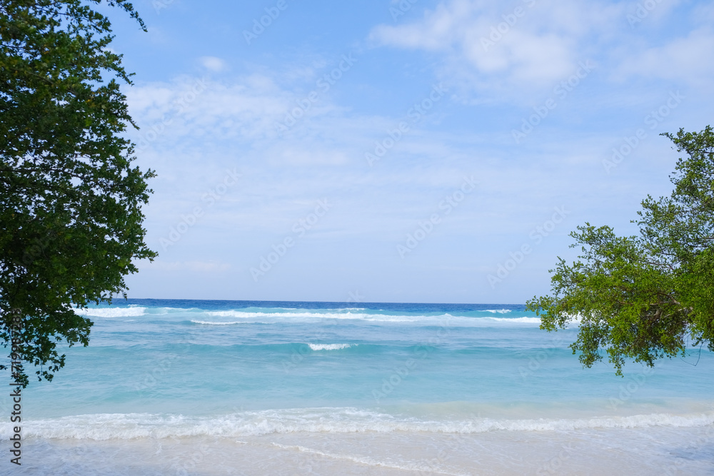 Calm beachfront with clear blue waters, sky, and lush trees. Calm beachfront with clear blue waters, sky, and lush trees.