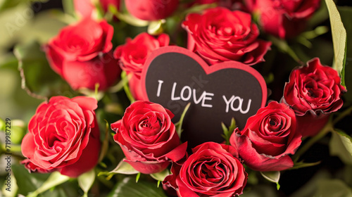 Romantic Gesture with Red Roses. A bouquet of vivid red roses features a heart-shaped sign with the words  I Love You  