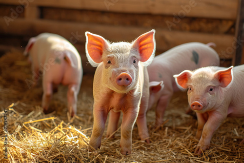 Curious Piglets in a Barn. A group of young piglets is captured exploring their straw-filled barn