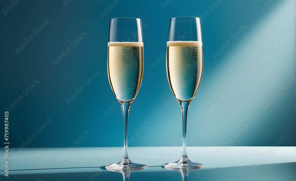 Two champagne glasses on a simple soft blue background, Valentine's Day, Christmas. Generative AI