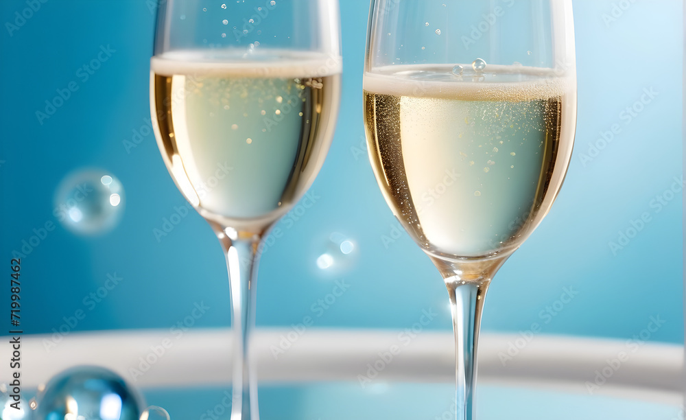 Two champagne glasses on a simple soft blue background, Valentine's Day, Christmas. Generative AI Two champagne glasses on a simple soft blue background, Valentine's Day, Christmas. Generative AI