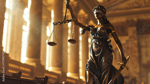 The statue of Lady Justice stands resolute with scales and sword, bathed in the golden light of a grand courtroom, symbolizing the solemn balance of justice and law.