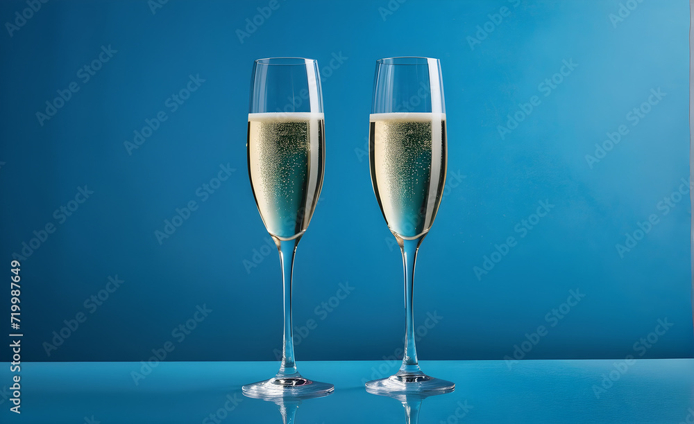 Two champagne glasses on a simple soft blue background, Valentine's Day, Christmas. Generative AI