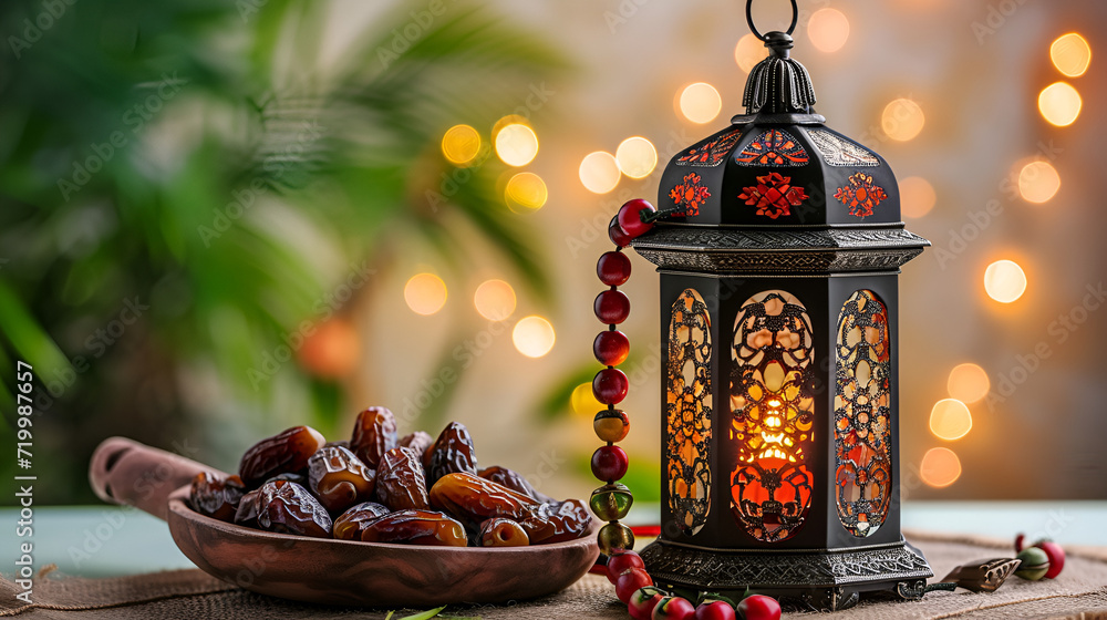 Ramadan food and drinks concept. Ramadan Lantern with Arabian lamp. generative Ai
