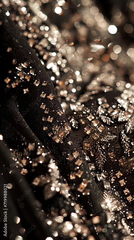 A close-up of a sparkling evening dress, capturing the play of light on sequins and beads for a glamorous effect.