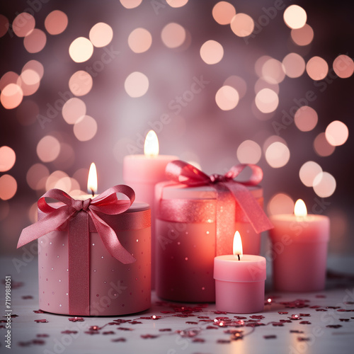 A charming display of festive pink candles, adorned with a delicate bow, radiating a warm glow in a cozy indoor setting, perfect for adding a touch of holiday cheer to any space photo