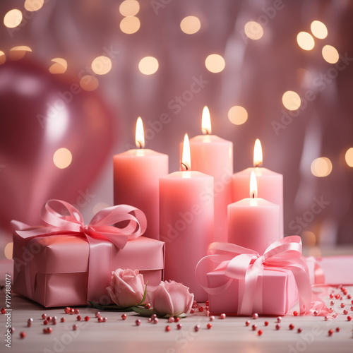 Amidst a cozy indoor setting, vibrant pink candles illuminate a birthday cake and ornate gift boxes, radiating warmth and joy with their flickering light