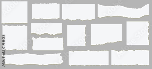 Set of white torn or ripped paper sheet. Scrapbook edge, notebook tear or blank page split vector illustration. Abstract realistic ornament or decoration clip art for social media banner background.