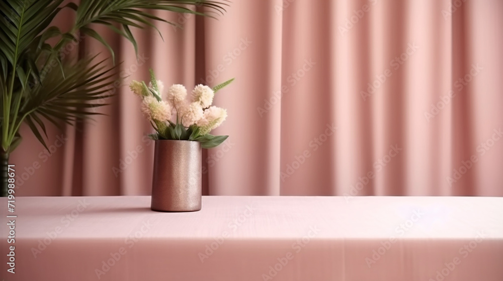 Soft rose pink cotton tablecloth on counter table background.