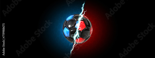 Versus football vector banner. VS battle sports soccer illustration. Confrontation concept competition match game. Red and Blue ball with thunderbolt on dark background.