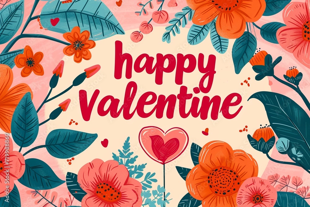 Happy Valentines day card with hand drawn lettering, Generative Ai