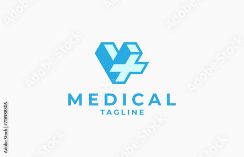 Letter V Medical cross logo, 3d geometric letter V with medical cross combination, vector illustration