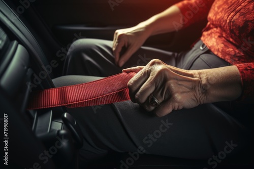 Elderly woman buckling seatbelt in car. photo