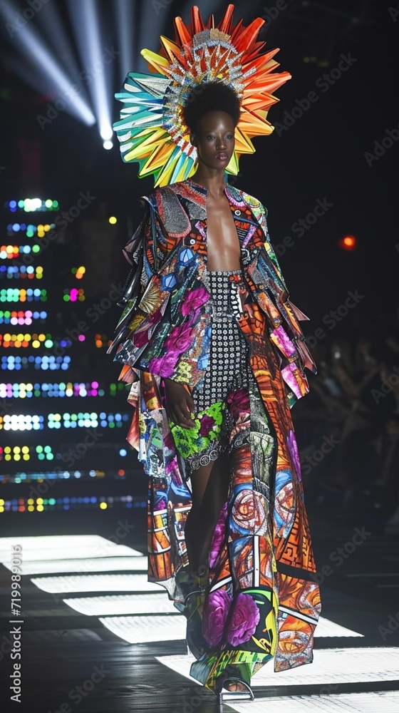A high-fashion model walking down a futuristic runway, adorned in avant-garde clothing with vibrant colors and intricate patterns.