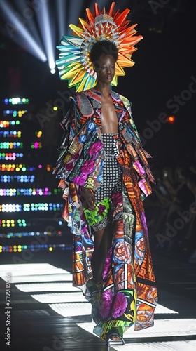 Obraz na płótnie A high-fashion model walking down a futuristic runway, adorned in avant-garde clothing with vibrant colors and intricate patterns. w salonie