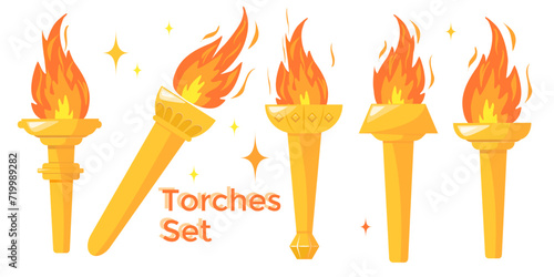 Different golden Torches set. Burning torches. Vector torches Brightly Burning Fire isolated on white background for relay race, sport championship, competition, winner, victory