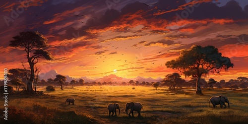 A vast savannah with acacia trees and a herd of elephants in the distance, beneath a golden African sunset. © Anmol