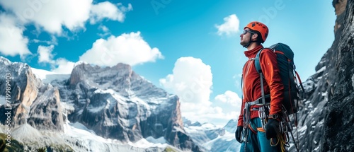 Professional mountain guide in outdoor gear, with a mountainous landscape and climbing equipment in the background