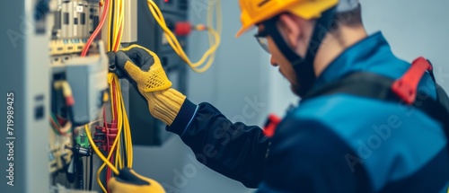 Skilled electrician in safety gear, with an electrical panel and tools blurred in the background