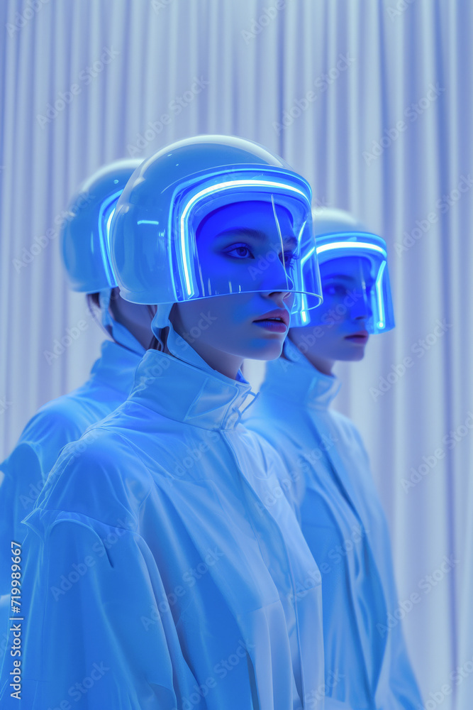 Futuristic fashion three women in VR glasses and stylish sleek minimal outfit in blue tones.