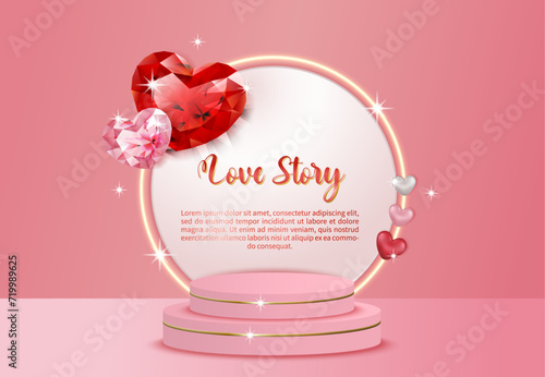 Heart gems and stand, pink background, suitable for Valentine's Day, Mother's Day, sale photo