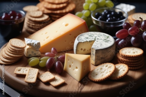 Cheese platter with grapes and crackers on table