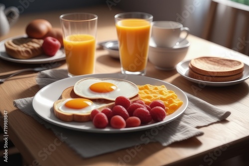 Breakfast with eggs, tomatoes, pancakes and juice on table in morning