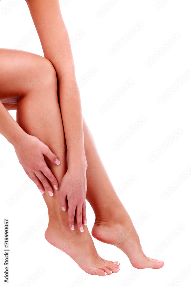 Woman's legs and hands, isolated, skin care and health care concept Woman's legs and hands, isolated, skin care and health care concept