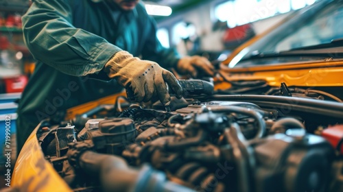 mechanic is doing the annual car inspection. Car repair shop is ready to serve. Car mechanic inspects car engine problems technical inspection engine safety Maintenance Changing the engine oil © Polpimol