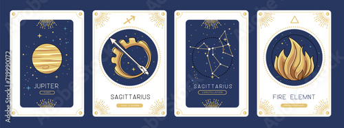 Set of cartoon magic witchcraft cards with astrology Sagittarius zodiac sign characteristic. Vector illustration