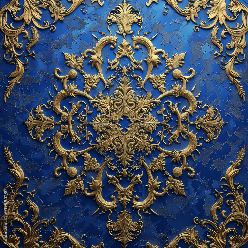 Royal Blue Background: Symmetrical Bas-Relief Resembling Regal Decor on a Wall, Gilded with Gold, Evoking Opulence and Elegance Royal Blue Background: Symmetrical Bas-Relief Resembling Regal Decor on a Wall, Gilded with Gold, Evoking Opulence and Elegance