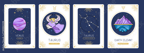 Set of cartoon magic witchcraft cards with astrology Taurus zodiac sign characteristic. Vector illustration