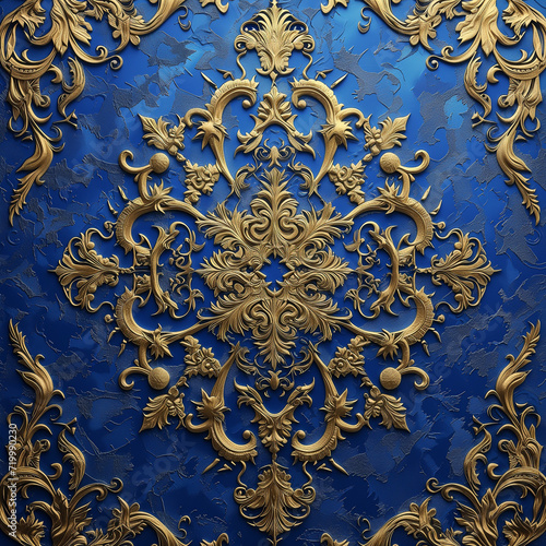 Royal Blue Background: Symmetrical Bas-Relief Resembling Regal Decor on a Wall, Gilded with Gold, Evoking Opulence and Elegance