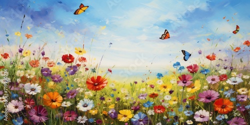 A vibrant field of wildflowers, with colorful birds and butterflies hovering over the blossoms on a sunny day.