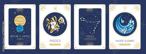 Set of cartoon magic witchcraft cards with astrology Pisces zodiac sign characteristic. Vector illustration