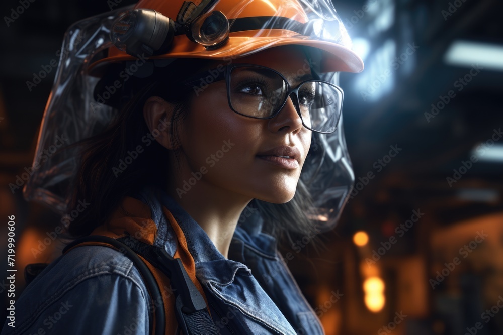 Woman worker offers safety glasses Woman worker offers safety glasses