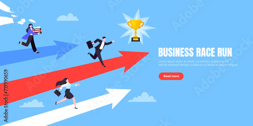 Business career competition with man and woman business persons running flat style design vector illustration concept. Leadership race employee competition with achieving success award.