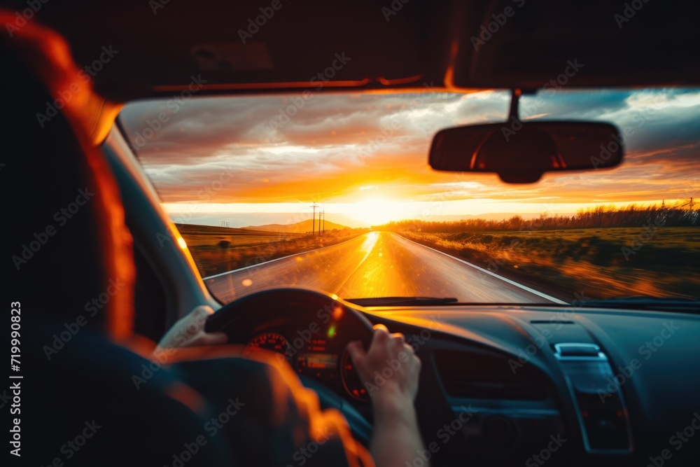driving on the road with sunset.