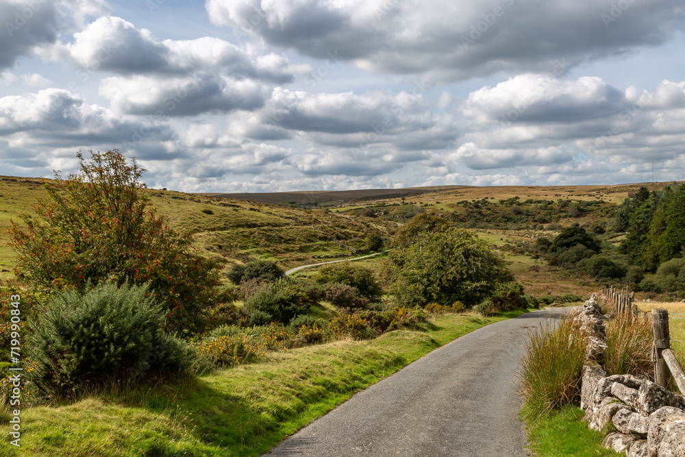 A view of a country road in Dartmoor National Park, on a sunny September day