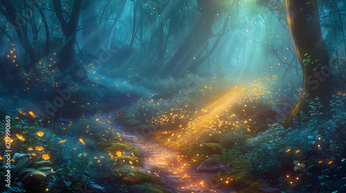 Fantasy forest with magical glowing trees and flowers, a magical journey Through the Magical Forest