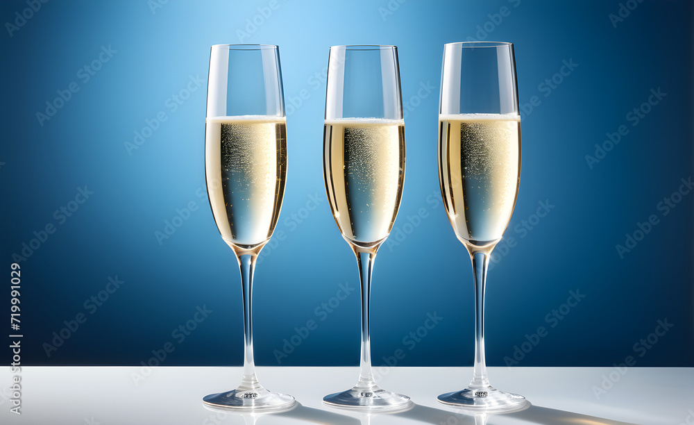 Three champagne glasses on a simple soft blue background, Valentine's Day, Christmas. Generative AI Three champagne glasses on a simple soft blue background, Valentine's Day, Christmas. Generative AI